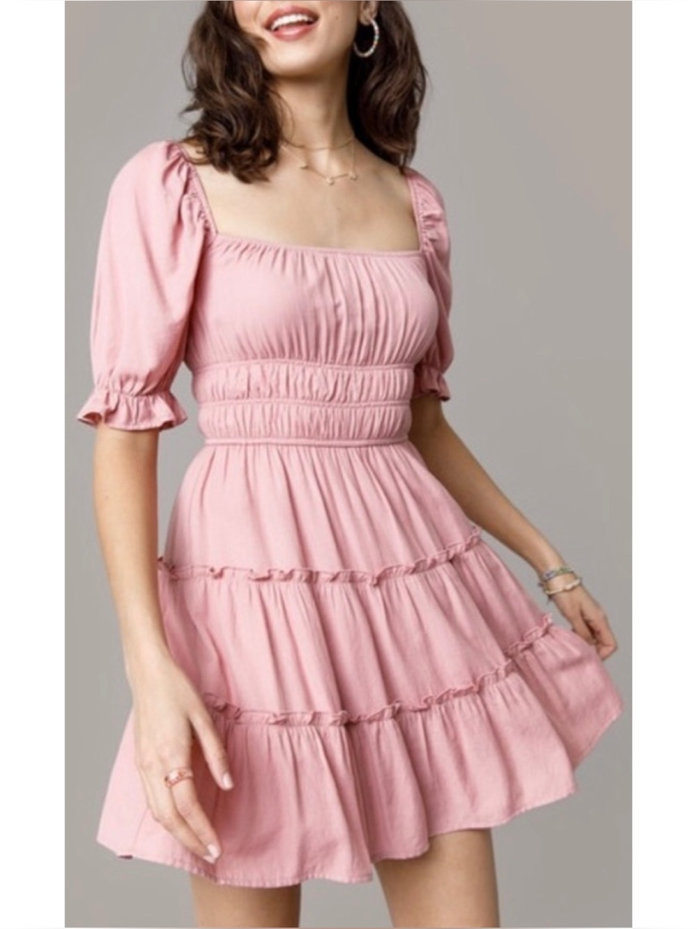 Trixxi Milkmaid Tiered Puff Sleeve Mini Dress Coquette Pink